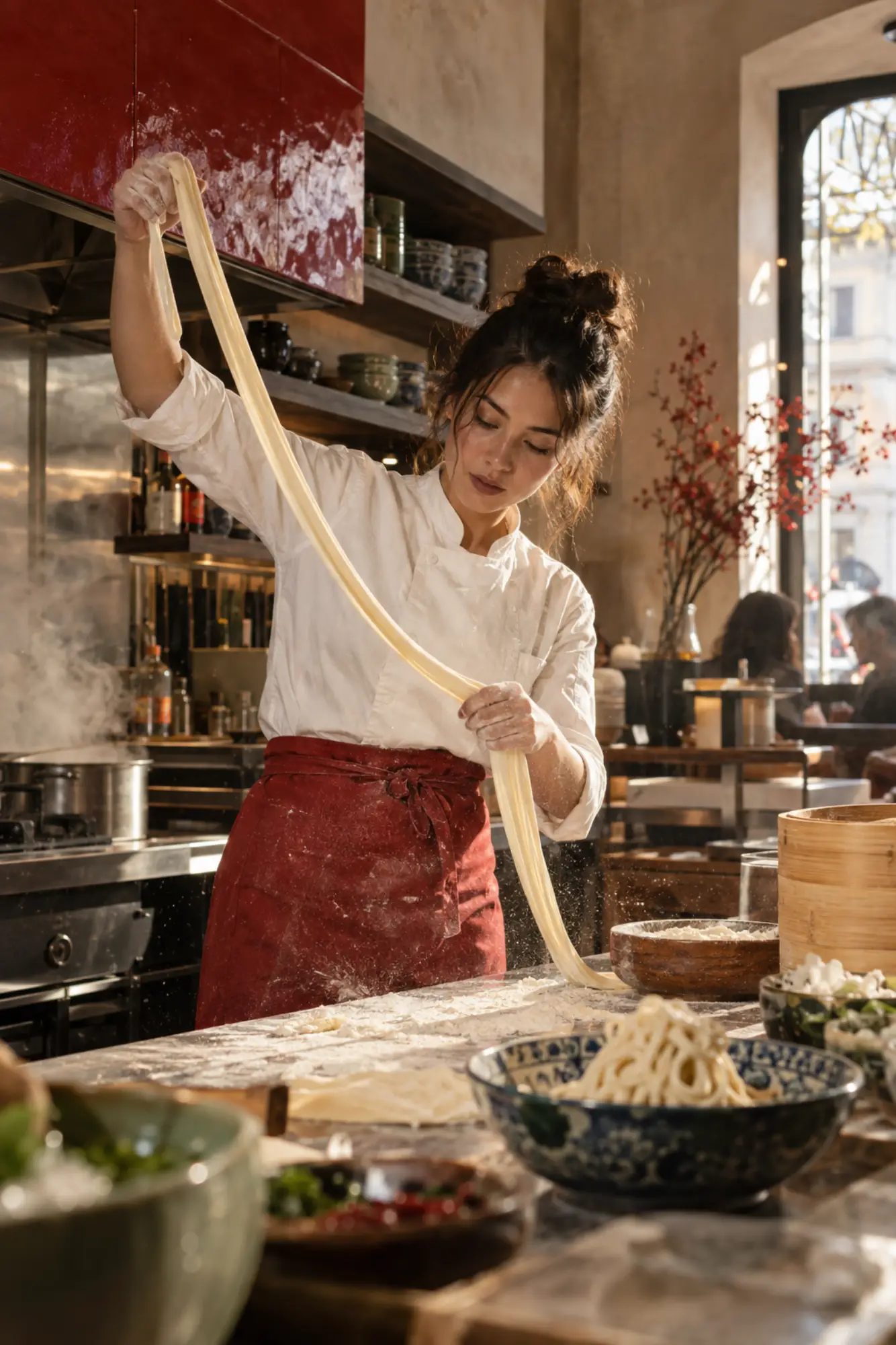 Chef Marta Lin mentre tira a mano una lunga sfoglia di noodles