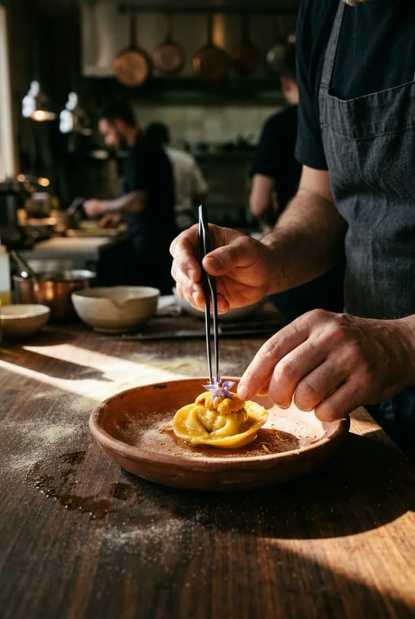 Chef che rifinisce un piatto di pasta fresca con le pinzette durante il servizio in cucina