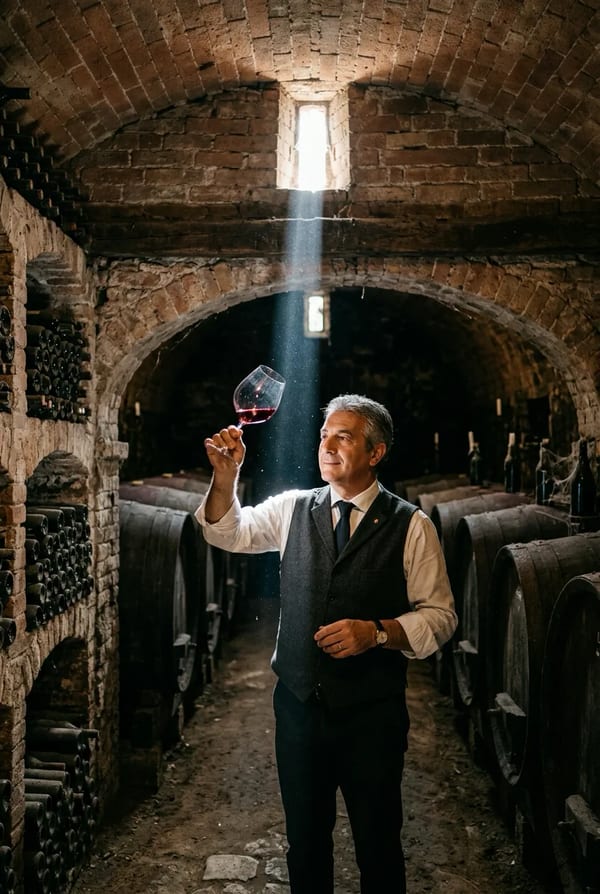 Sommelier con un calice di vino nella cantina del ristorante