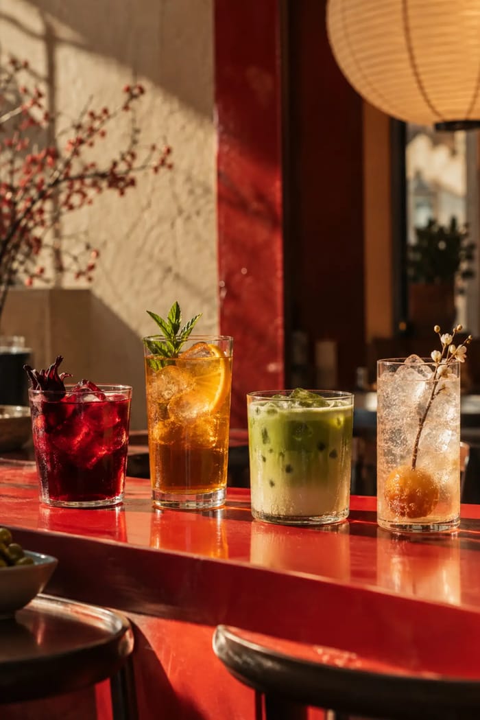 Quattro drink al tè sul bancone rosso