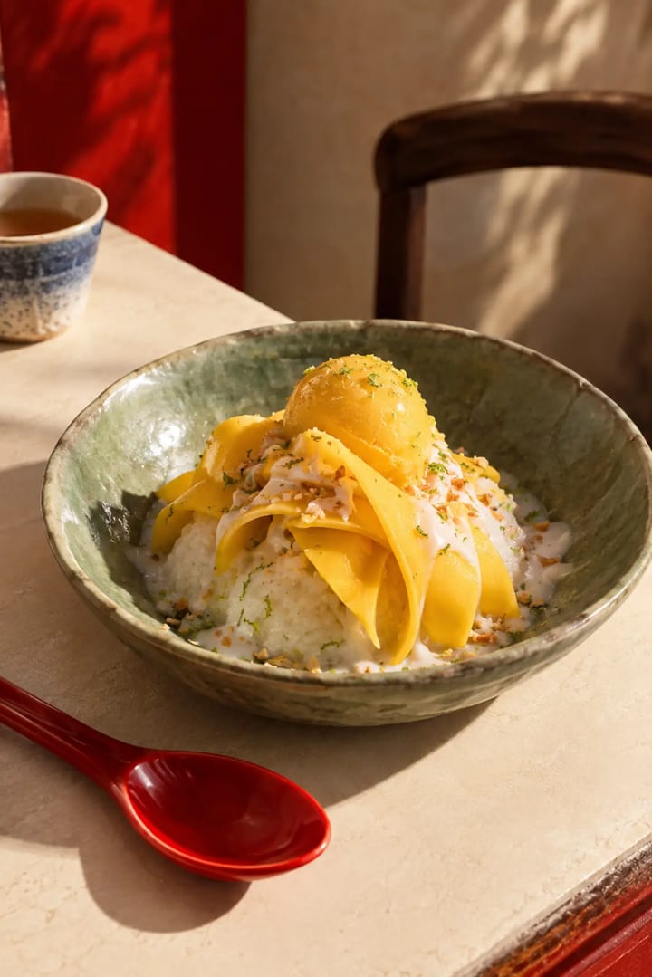 Mango sticky rice con cocco e gelato