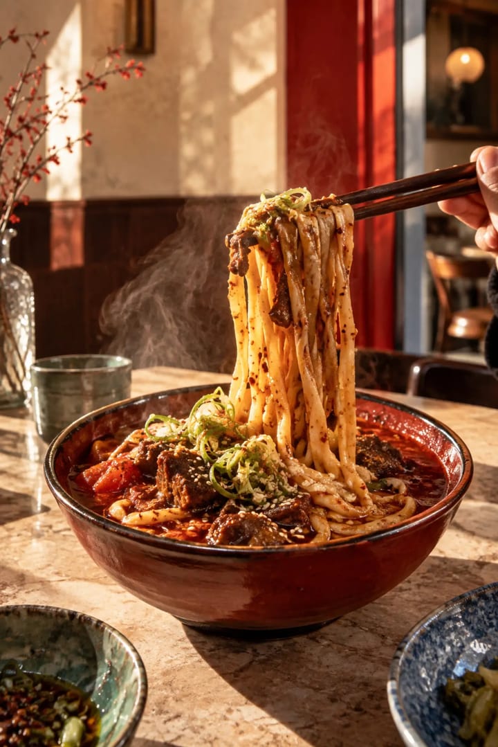 Noodles tirati a mano con manzo piccante