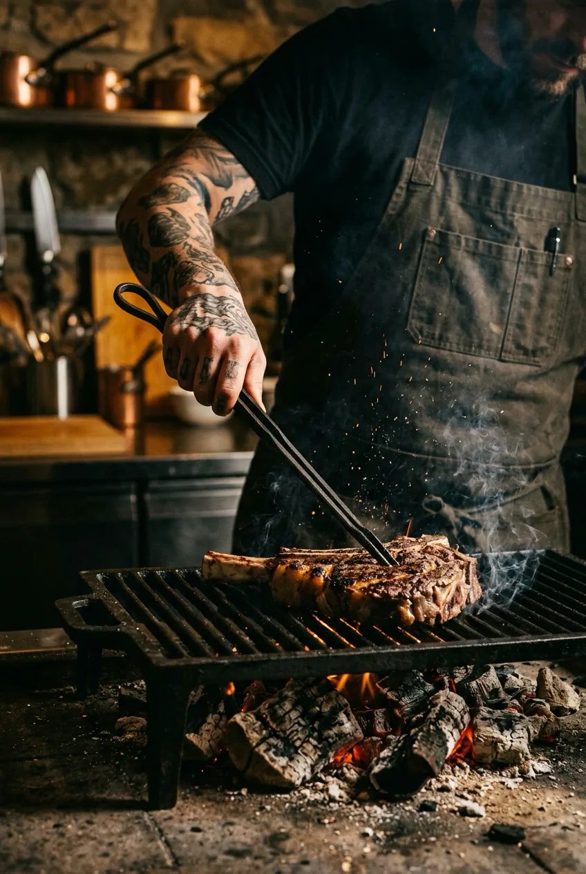 Chef che cuoce una bistecca alla brace sulla griglia, tra fumo e scintille