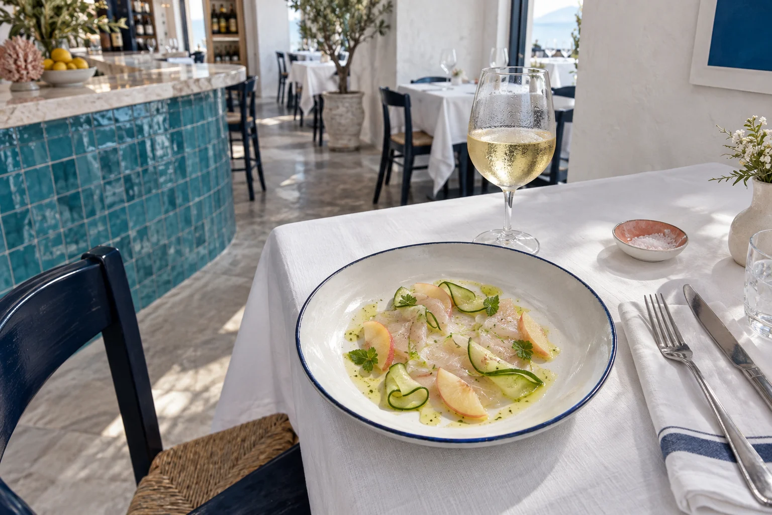 Crudo di branzino con pesca bianca e calice di vino nel ristorante Scaglia
