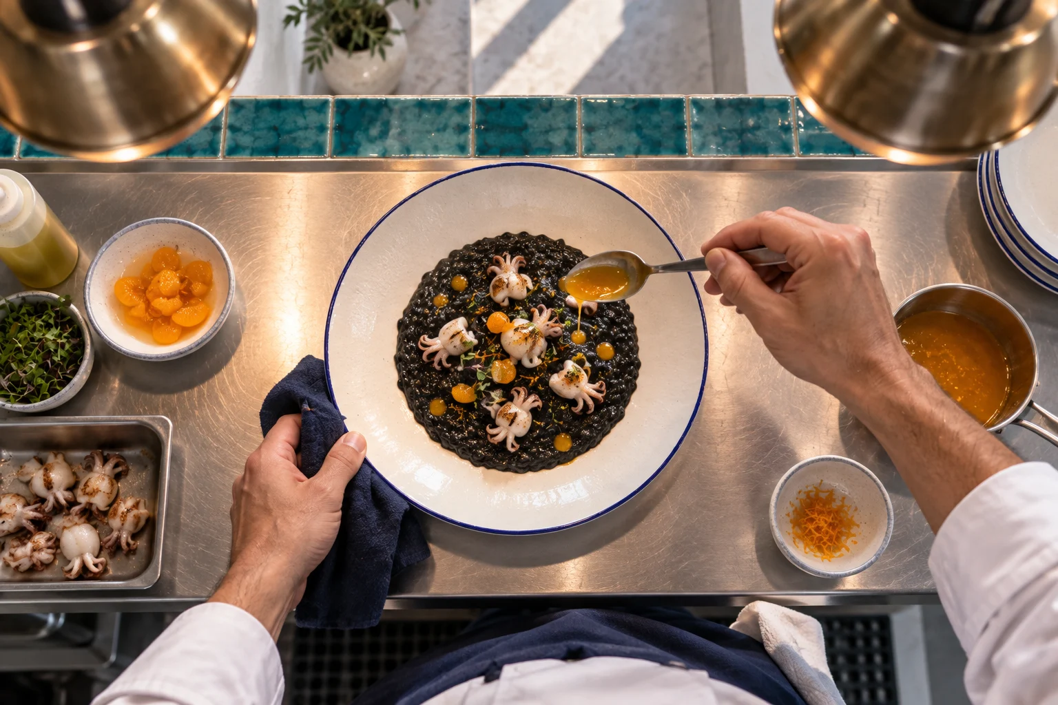 Lo chef completa il riso alla seppia al pass